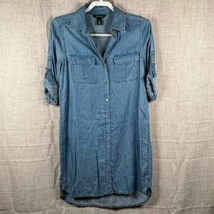 Denim‎ Shirt Dress Button Front Roll Sleeves WHBM Blue Lyocell women's 2 Denim